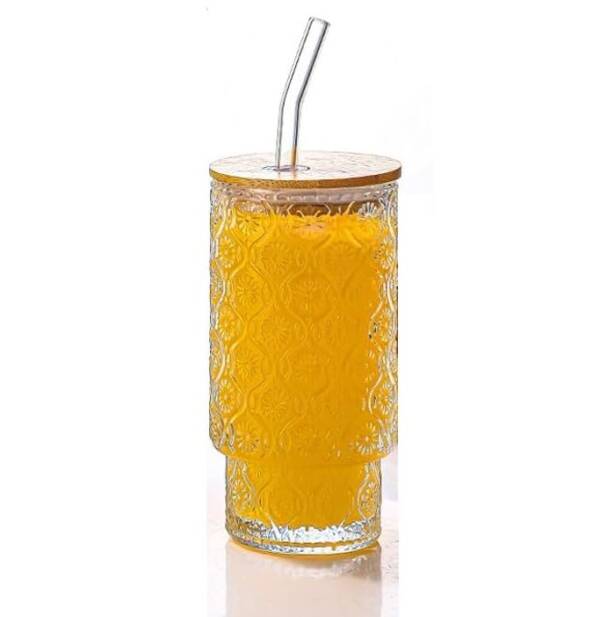 Glass Sipper Mugs with Wooden Lid & Straw