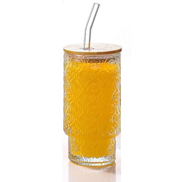 Glass Sipper Mugs with Wooden Lid & Straw