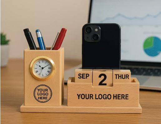Wooden Desk Organizer with Clock and Calendar